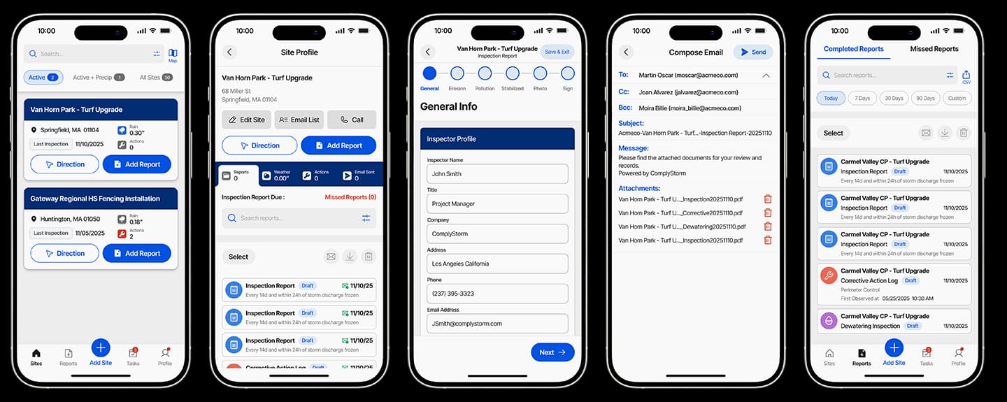 Five-screen overview of SWPPP inspection app features