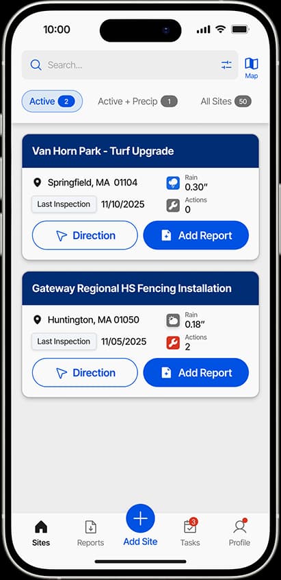 A smartphone showing the SWPPP Inspection Tool dashboard with a list of sites