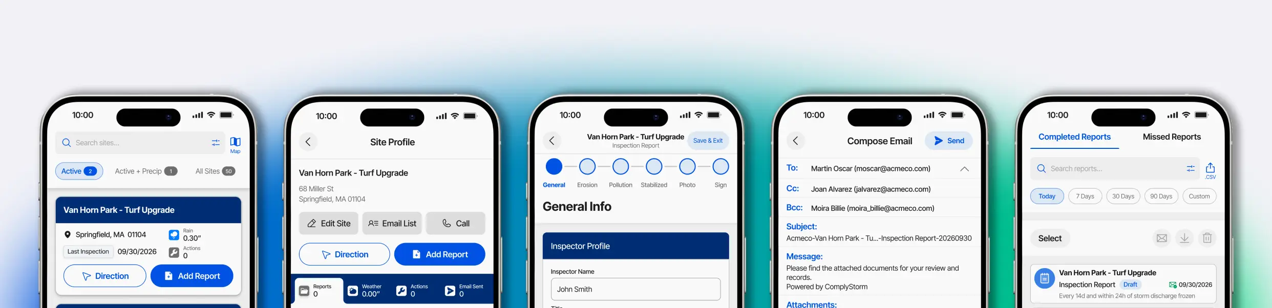 Five-screen overview of SWPPP inspection app features.