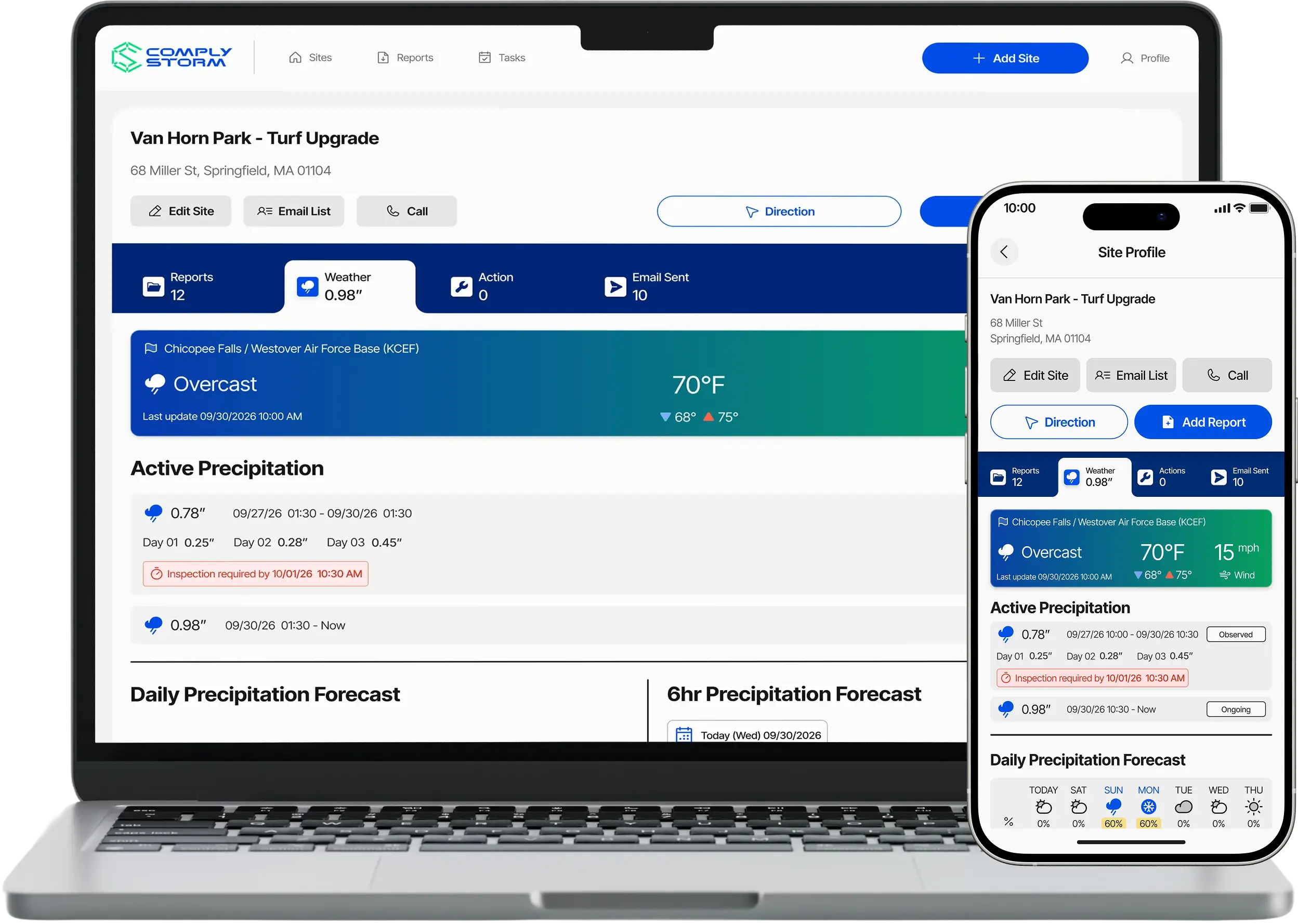 ComplyStorm SWPPP software on a phone and laptop displaying weather, rain logs, and active precipitation.
