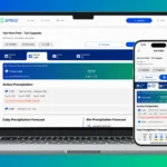 ComplyStorm SWPPP software on a phone and laptop displaying weather, rain logs, and active precipitation.