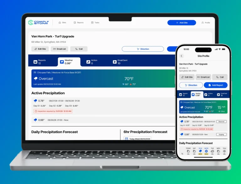 ComplyStorm SWPPP software on a phone and laptop displaying weather, rain logs, and active precipitation.