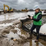 Inspector documenting a SWPPP inspection at a construction site after a rain event